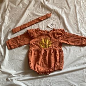 New with tags long sleeve first birthday romper with matching fabric headband